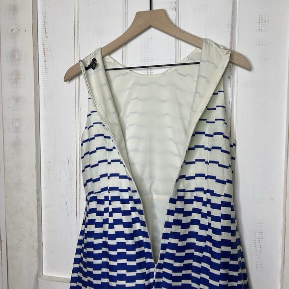 Ann Taylor Petite Linen Blend Coastal Nautical Blue White Fit Flare Dress 4P - Picture 4 of 12